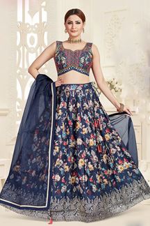 Picture of Smashing Navy Blue Floral Printed Designer Indo-Western Lehenga Choli for Party and Festive wear