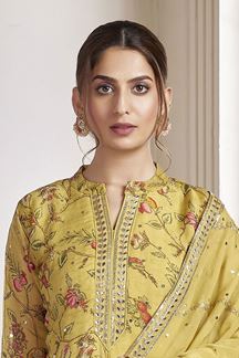 Picture of Attractive Yellow Art Silk Designer Straight Cut Suit for a Party and Haldi