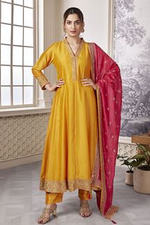Picture of Flawless Mustard Chinon Silk Designer Anarkali Suit for a Party and Haldi