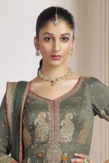 Picture of Classy Greyish Green Georgette Designer Anarkali Suit for a Party and Mehendi