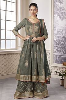 Picture of Classy Greyish Green Georgette Designer Anarkali Suit for a Party and Mehendi