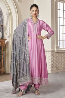 Picture of Charismatic Pink Chinon Silk Designer Anarkali Suit for a Party