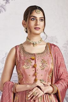 Picture of Spectacular Pink Banarasi Silk Designer Anarkali Suit for a Party