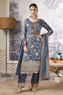 Picture of Creative Blue Georgette Designer Straight Cut Suit for a Party