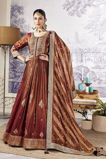 Picture of Royal Brown Banarasi Silk Designer Anarkali Suit for a Party
