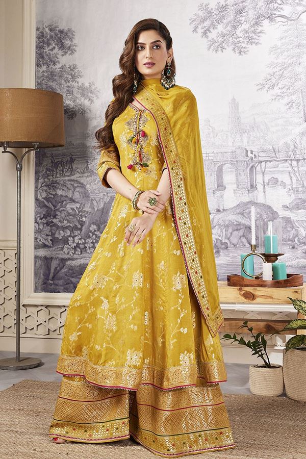 Picture of Dazzling Yellow Designer Palazzo Suit for Party and Haldi