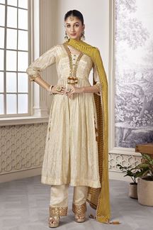 Picture of Striking Cream Georgette Designer Straight Cut Suit for a Party