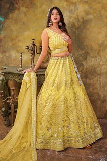 Picture of Glorious Lemon Yellow Net Designer Indo-Western Lehenga Choli for Haldi and Wedding 