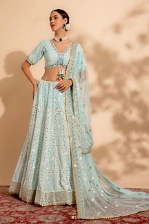 Picture of Flamboyant Sky Blue Pure Georgette Designer Indo-Western Lehenga Choli for Engagement and Sangeet