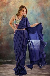 Picture of Stunning Blue Designer Ready to Wear Saree with Ruffles for Sangeet and Reception 