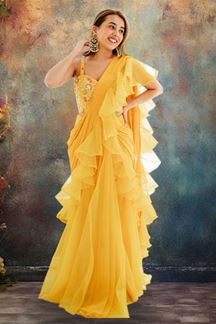 Picture of Trendy Yellow Designer Ready to Wear Saree with Ruffles for Haldi and Wedding