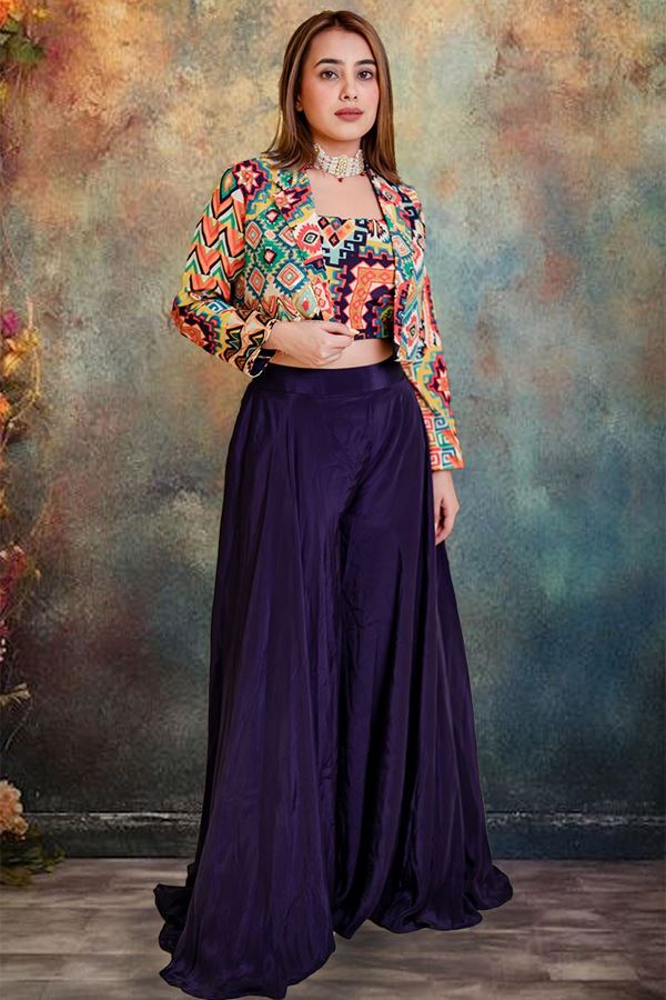 Picture of Splendid Navy Blue Silk Designer Indo-Western Suit with Jacket Suit