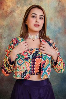Picture of Splendid Navy Blue Silk Designer Indo-Western Suit with Jacket Suit