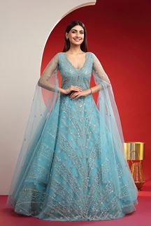 Picture of Magnificent Blue Net Designer Gown for Engagement, Reception and Party
