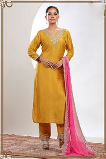 Picture of Divine Mustard Designer Straight Cut Suit for a Festive wear and Haldi
