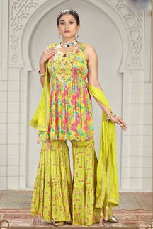 Picture of Awesome Lemon Yellow Floral Printed Designer Gharara Suit for Party and Haldi