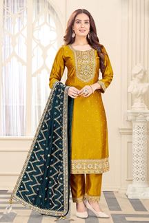 Picture of Spectacular Mustard Art Silk Designer Straight Cut Suit for a Party and Haldi