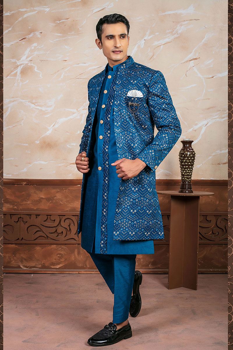 Splendid Peacock Rama Designer Indo Western Sherwani Set for Wedding and Sangeet