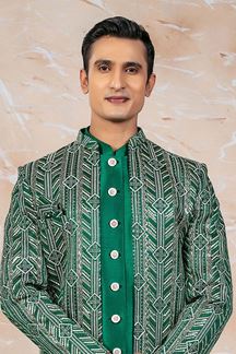 Picture of Charismatic Green Designer Indo-Western Sherwani Set for Engagement and Wedding 
