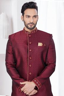 Picture of Classy Marron Designer Indo-Western Sherwani for Reception, Wedding