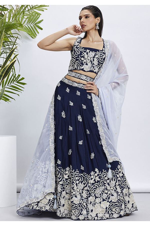 Picture of Classy Navy Blue Designer Indo-Western Lehenga Choli for Sangeet, Pre-Wedding Shoot, and Festivals
