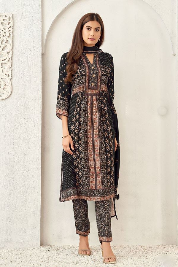 Picture of Fashionable Black Printed Designer Straight Cut Suit for Party