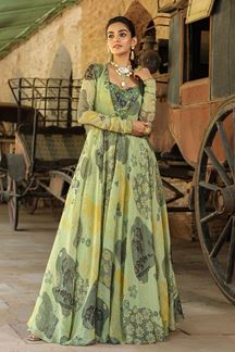 Picture of Bollywood Olive Green Designer Gown for Party, Mehendi, and Festivals