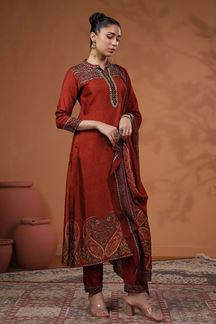 Picture of Fashionable Red Paisley Printed Designer Straight Cut Suit for Party and Festive Wear