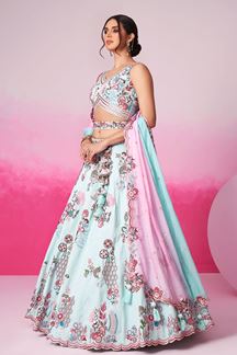 Picture of Dazzling Turquoise Blue Designer Indo-Western Lehenga Choli for Reception and Engagement