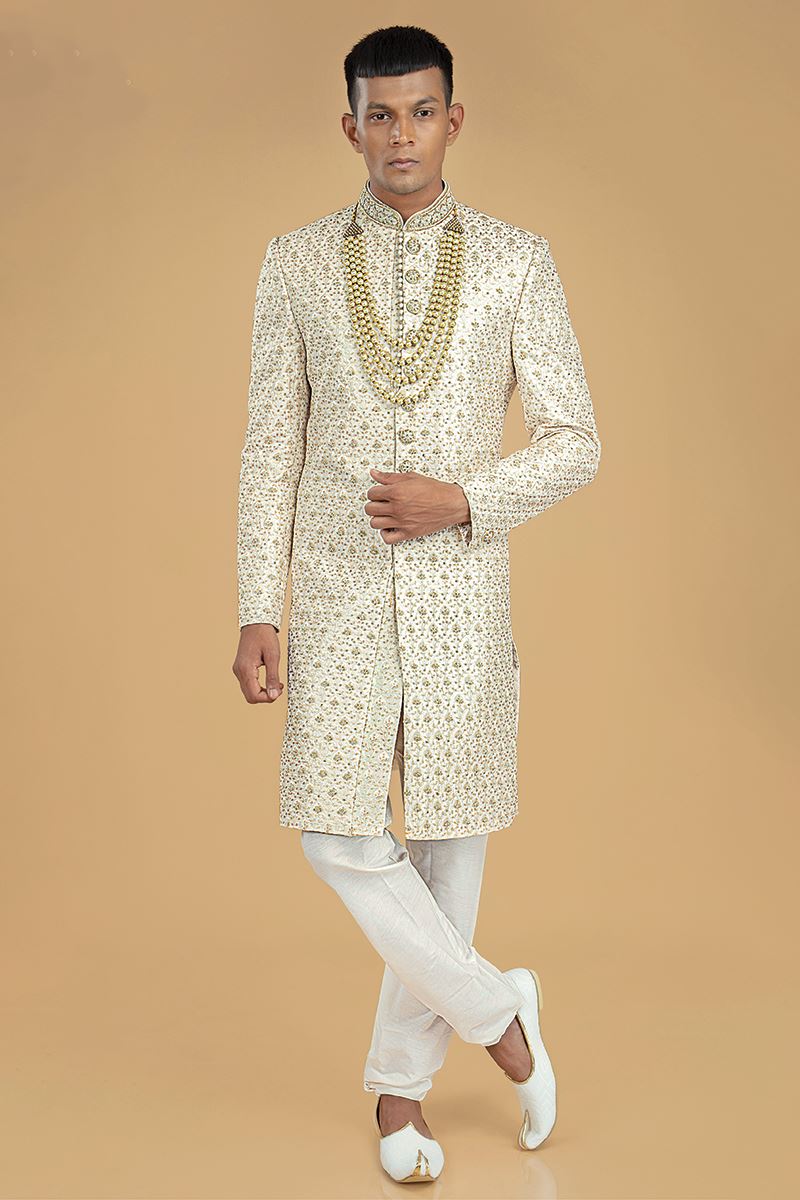 Stylish Cream Designer Groom s Sherwani for Wedding and Engagement