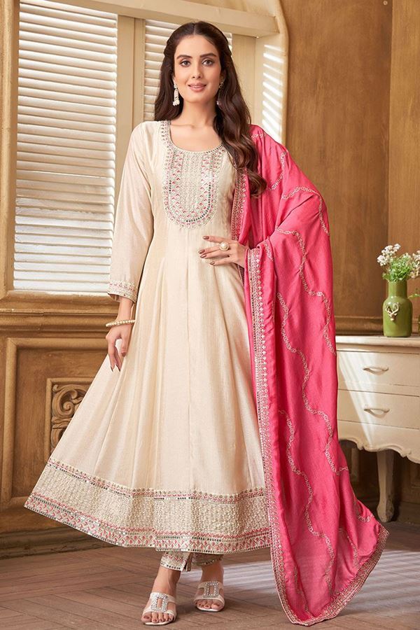 Picture of ExquisiteCream Silk Designer Anarkali Suit for Sangeet, Festivals, and Party