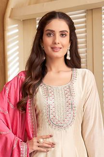 Picture of ExquisiteCream Silk Designer Anarkali Suit for Sangeet, Festivals, and Party