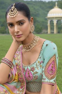 Picture of Impressive Cream and Sky Blue Designer Wedding Lehenga Choli for Engagement and Reception