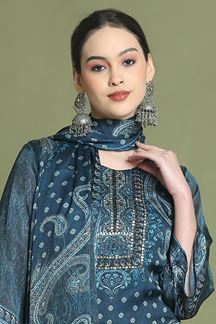 Picture of AttractiveNavy Blue Designer Straight Cut Suit for Party, Sangeet, and Festivals(Unstitched suit)