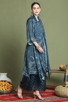 Picture of AttractiveNavy Blue Designer Straight Cut Suit for Party, Sangeet, and Festivals(Unstitched suit)