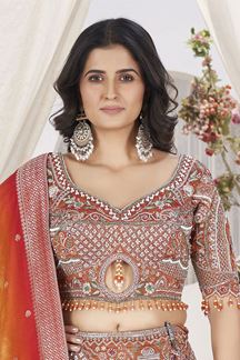 Picture of SmashingDull Orange Designer Bridal Lehenga Choli forWedding and Reception
