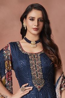 Picture of Spectacular Blue and Multi Silk Designer Anarkali Suit for Engagement, Wedding, and Reception