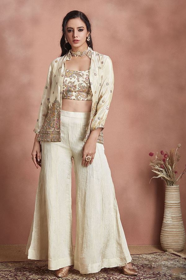 Picture of CreativeCream Silk Designer Palazzo Suit for Engagement and Party