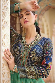 Picture of Flamboyant Blue and Green Smooth Silk Designer Anarkali Suit for Party, Sangeet, Engagement, and Festivals