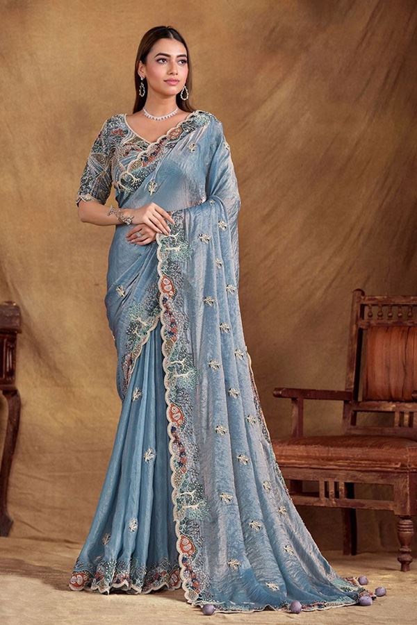 Picture of Magnificent Two Tone Satin Silk Designer Saree for Engagement, Pre-Wedding Shoot, Reception, Party, and Sangeet