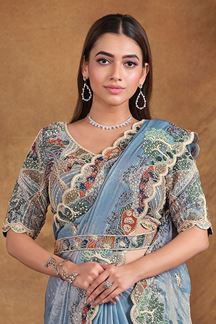 Picture of Magnificent Two Tone Satin Silk Designer Saree for Engagement, Pre-Wedding Shoot, Reception, Party, and Sangeet