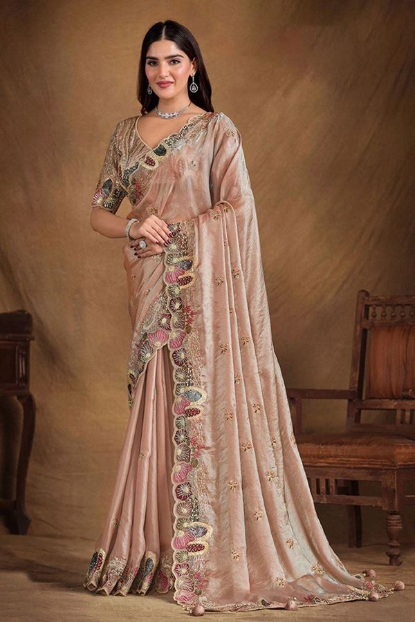 Picture of Heavenly Two Tone Satin Silk Designer Saree for Engagement, Pre-Wedding Shoot, Reception, Party, and Sangeet