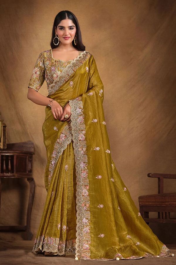 Picture of Impressive Crush Paper Silk Designer Saree for Mehendi, Pre-Wedding Shoot, and Party