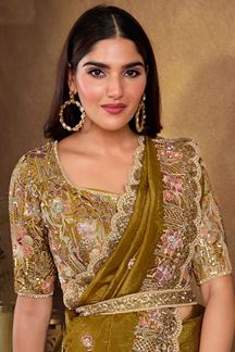Picture of Impressive Crush Paper Silk Designer Saree for Mehendi, Pre-Wedding Shoot, and Party