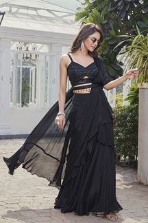 Picture of Lovely Black Silk Designer Indo-Western Outfit for Party