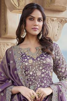Picture of  Captivating Lavender Chinnon Designer Palazzo Suit for Engagement, Wedding and Reception