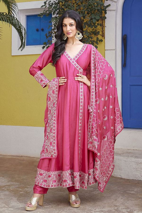 Picture of  Fascinating Pink Silk Designer Anarkali Suit for Engagement, Wedding, and Reception