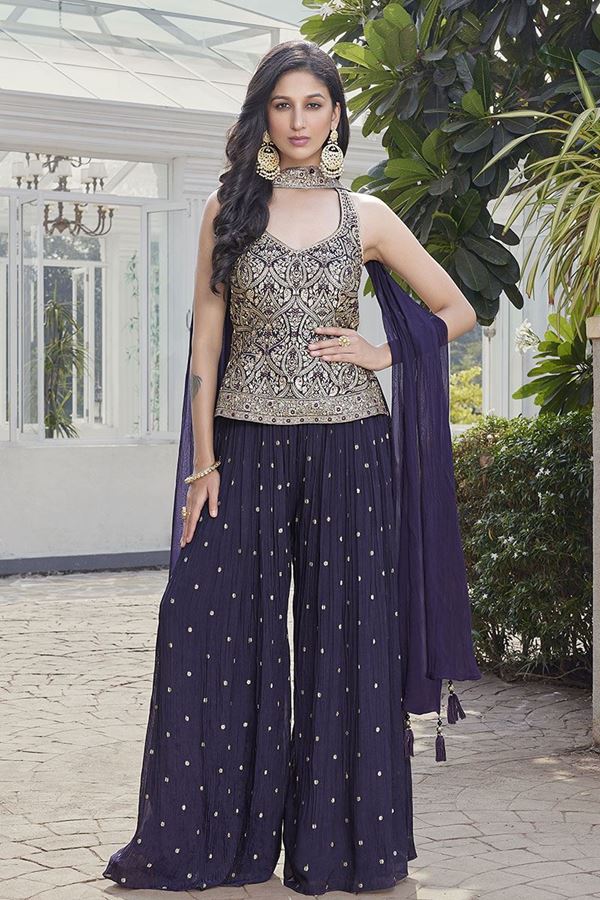 Picture of  Creative Navy Blue Silk Designer Palazzo Suit for Wedding and Reception