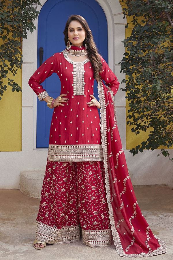 Picture of  Bollywood Red Silk Designer Palazzo Suit for Wedding and Reception
