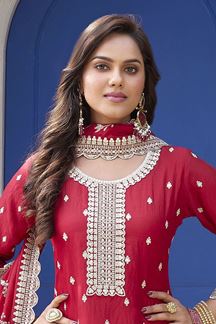 Picture of  Bollywood Red Silk Designer Palazzo Suit for Wedding and Reception